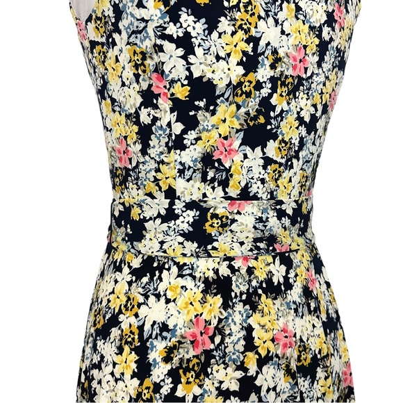 CHARTER CLUB | Navy White Yellow Sleeveless Floral Belted A-Line Midi Dress XS - Picture 10 of 15